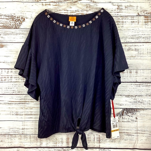 RUBY RD PLUS SIZE BLACK TOP EMBELLISHED BLOUSE BEACH VACATION NWT - Picture 1 of 9